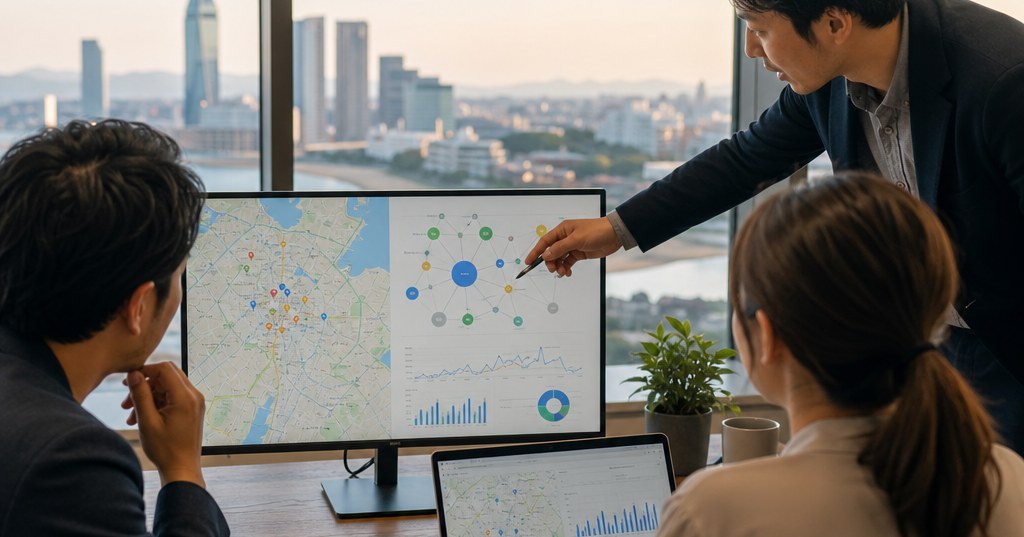福岡 エンティティSEOの地域と検索意図を示す、福岡の街並みとデジタルマーケティング分析画面