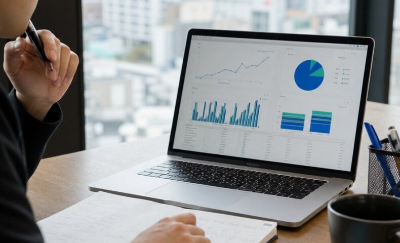 福岡 GEO ブログ設計を考えるマーケティング担当者と検索データを表示したノートパソコン