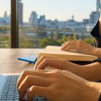 福岡 LLMO ブログ設計を検討する企業担当者と、AI検索で選ばれる理由を整理したノートパソコンの画面