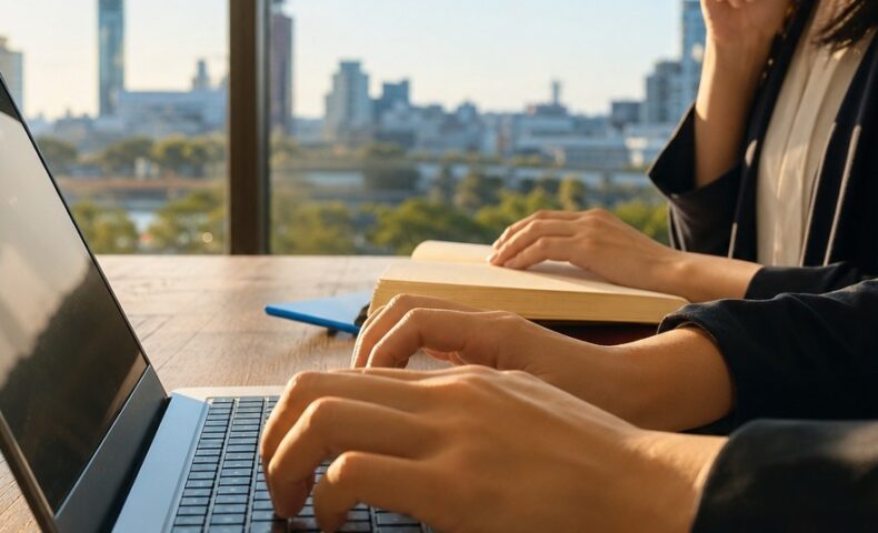 福岡 LLMO ブログ設計を検討する企業担当者と、AI検索で選ばれる理由を整理したノートパソコンの画面
