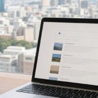 福岡 Gemini検索 引用に役立つ情報の探し方を示す、ノートパソコンと福岡の街並みの画像