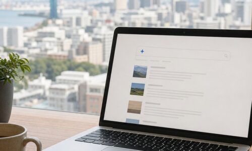 福岡 Gemini検索 引用に役立つ情報の探し方を示す、ノートパソコンと福岡の街並みの画像