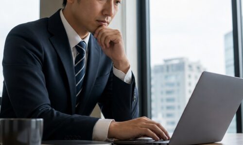 福岡の会社情報を調べるために企業データを確認するビジネスパーソン
