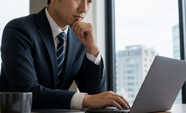 福岡の会社情報を調べるために企業データを確認するビジネスパーソン