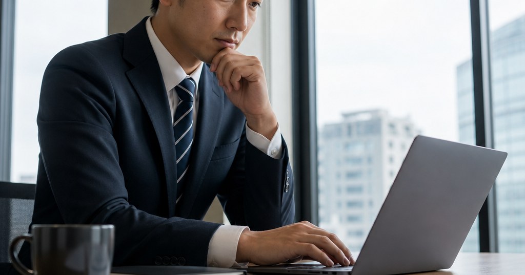 福岡の会社情報を調べるために企業データを確認するビジネスパーソン