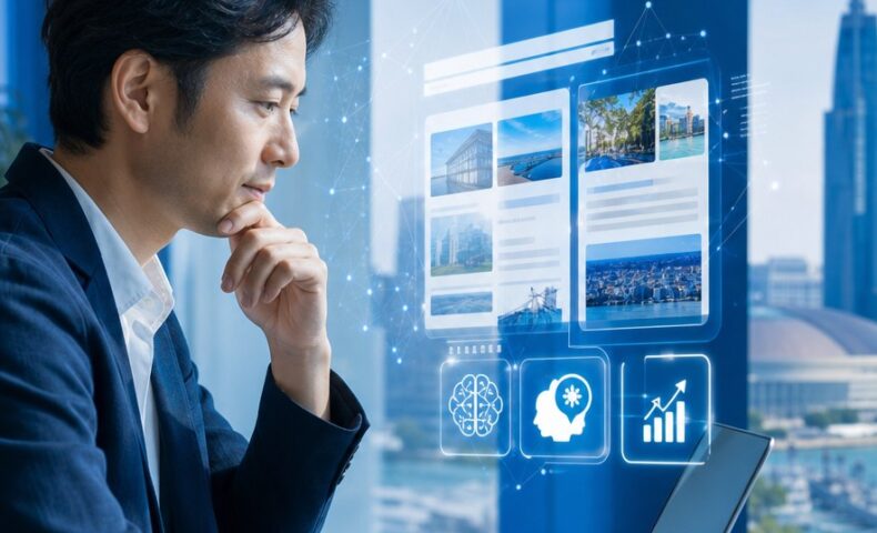 福岡の店舗や会社が生成AI検索に表示されるための対策を示すパソコン画面と福岡の街並み