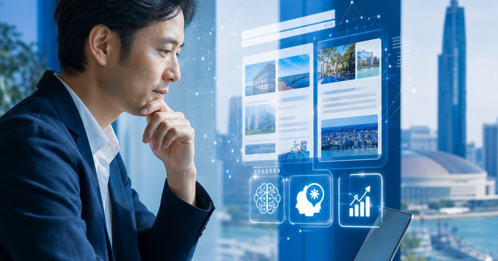 福岡の店舗や会社が生成AI検索に表示されるための対策を示すパソコン画面と福岡の街並み