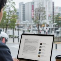 福岡の情報をChatGPT検索で調べ、検索結果の引用元を確認するパソコン画面