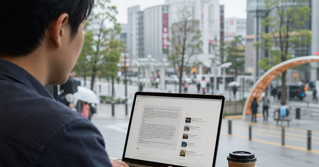 福岡の情報をChatGPT検索で調べ、検索結果の引用元を確認するパソコン画面