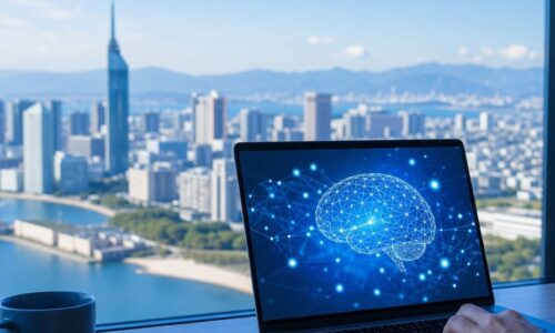 福岡 ChatGPT検索 表示の対策を解説するパソコン画面と福岡の街並み