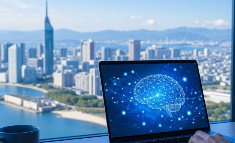 福岡 ChatGPT検索 表示の対策を解説するパソコン画面と福岡の街並み