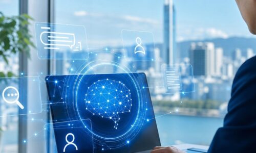 福岡の企業が生成AI検索に表示されるための対策を示すパソコン画面と検索結果のイメージ