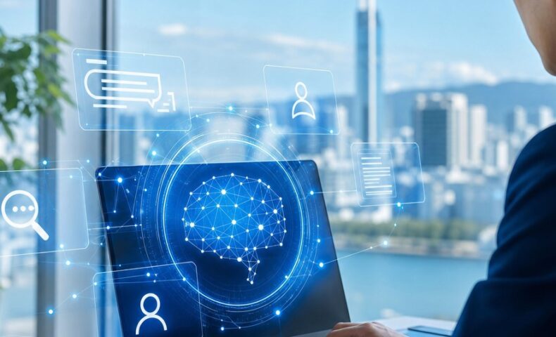 福岡の企業が生成AI検索に表示されるための対策を示すパソコン画面と検索結果のイメージ