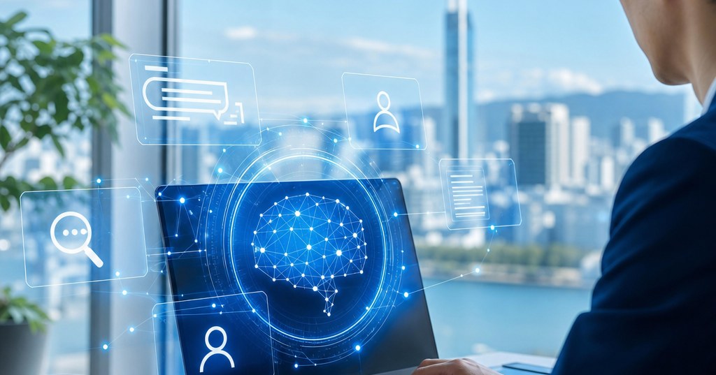 福岡の企業が生成AI検索に表示されるための対策を示すパソコン画面と検索結果のイメージ