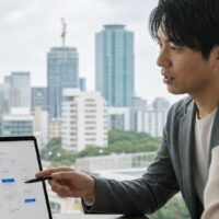 福岡 AIO ブログ設計を表す、AI検索を意識した記事構成とキーワードをパソコン画面で確認するWeb担当者