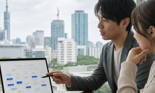 福岡 AIO ブログ設計を表す、AI検索を意識した記事構成とキーワードをパソコン画面で確認するWeb担当者