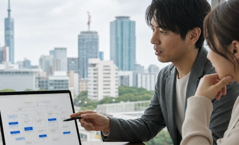 福岡 AIO ブログ設計を表す、AI検索を意識した記事構成とキーワードをパソコン画面で確認するWeb担当者