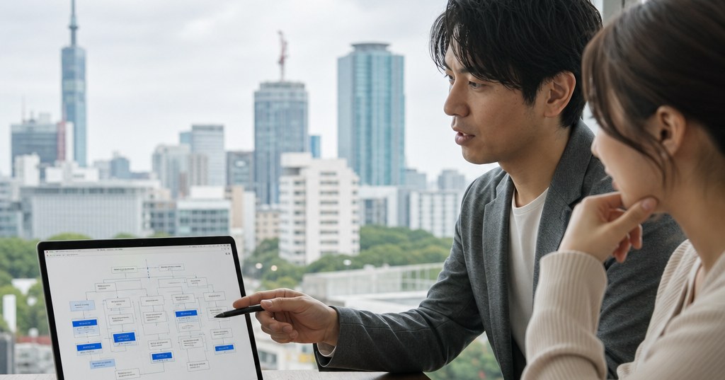福岡 AIO ブログ設計を表す、AI検索を意識した記事構成とキーワードをパソコン画面で確認するWeb担当者