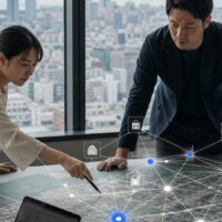 福岡 エンティティ設計を表現する、福岡の地域情報と検索構造を示すデジタルマップのイメージ
