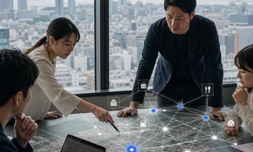 福岡 エンティティ設計を表現する、福岡の地域情報と検索構造を示すデジタルマップのイメージ