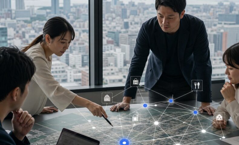 福岡 エンティティ設計を表現する、福岡の地域情報と検索構造を示すデジタルマップのイメージ
