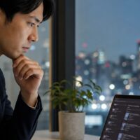福岡の企業が取り組むPerplexity対策を示す、検索画面と地域企業のデジタルマーケティング担当者
