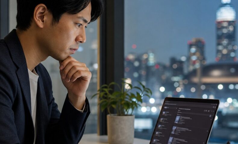 福岡の企業が取り組むPerplexity対策を示す、検索画面と地域企業のデジタルマーケティング担当者