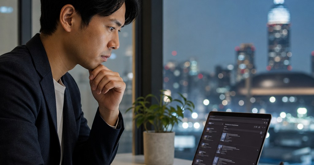 福岡の企業が取り組むPerplexity対策を示す、検索画面と地域企業のデジタルマーケティング担当者