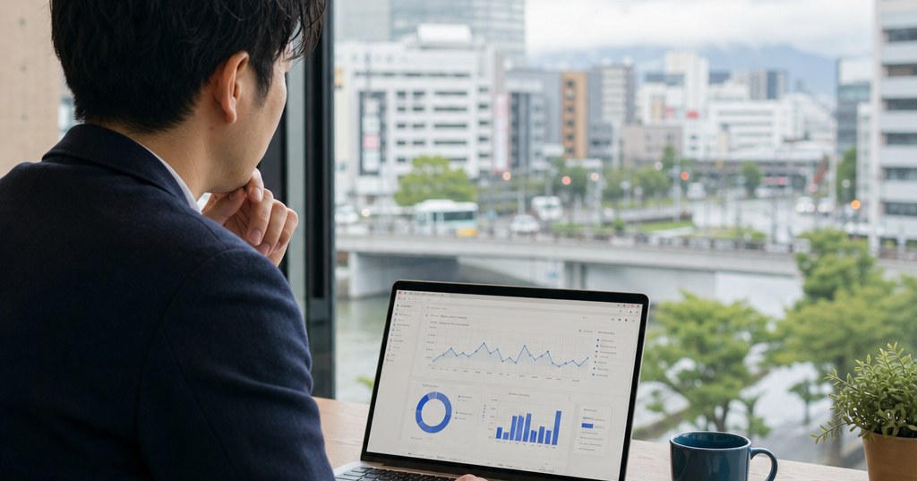 福岡のアクセス解析改善に取り組む担当者がウェブサイトのアクセス数やコンバージョン率などのデータを確認している画面