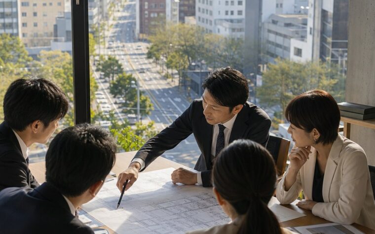 福岡の企業における導入事例と設計判断を表現した、会議で設計図や資料を確認するビジネスパーソン