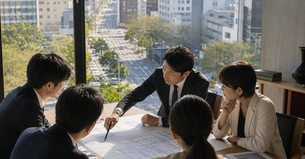 福岡の企業における導入事例と設計判断を表現した、会議で設計図や資料を確認するビジネスパーソン