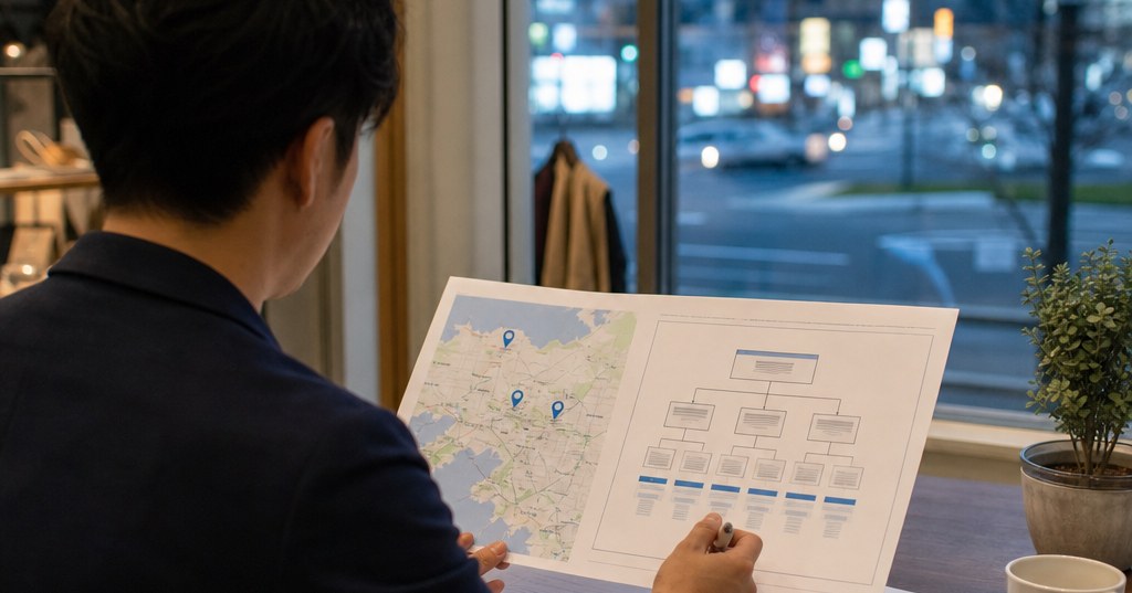 福岡 記事群 設計を示す、福岡の地図と関連コンテンツを整理したサイト構造図