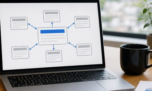 福岡 コンテンツクラスターの構造を示す、中心ページと関連記事を内部リンクでつないだSEO設計図のイメージ