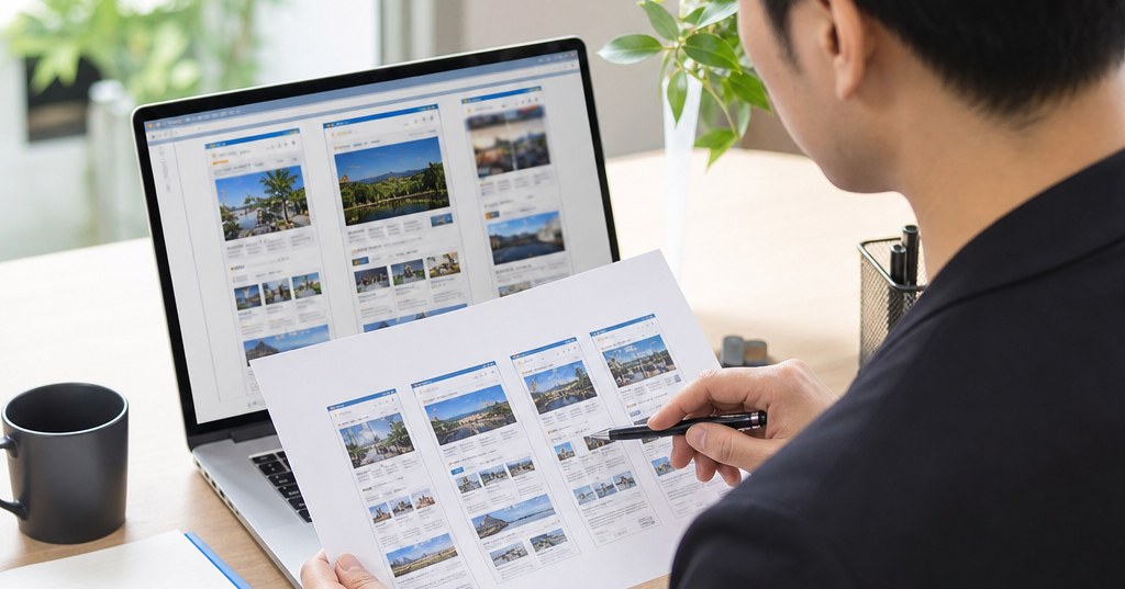福岡 重複コンテンツ 対策として、似たWebページを確認しSEO順位の改善点を整理するイメージ