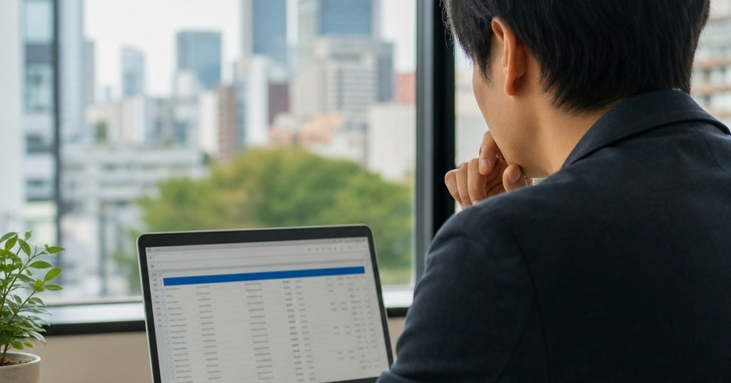 福岡のSEO担当者が重複コンテンツの原因を確認し、対策を検討しているイメージ