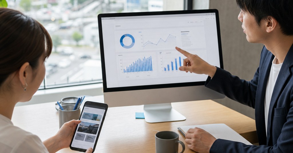 福岡の企業サイトにおけるモバイル表示改善の診断ポイントを示すスマートフォン画面とWebサイト分析画面