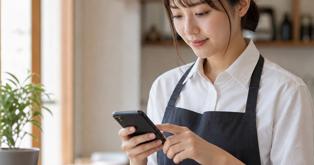 福岡 レビュー導線 設計を見直し、来店後の口コミ投稿を促す店舗スタッフとスマートフォン