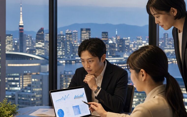 AI検索最適化 福岡の対策を検討する企業担当者と検索データを表示したパソコン画面