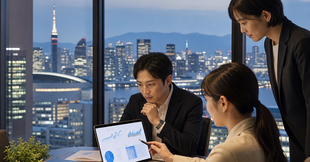AI検索最適化 福岡の対策を検討する企業担当者と検索データを表示したパソコン画面