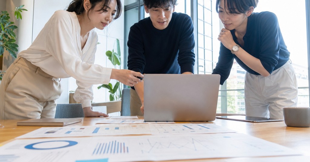 福岡の既存記事改善に向けて検索流入やアクセスデータを分析し、修正の優先順位を検討するイメージ