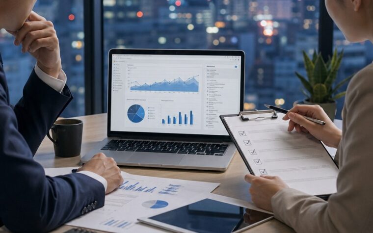 福岡 SEO診断を受ける前に企業が確認すべきポイントを示すパソコン画面とチェックリスト