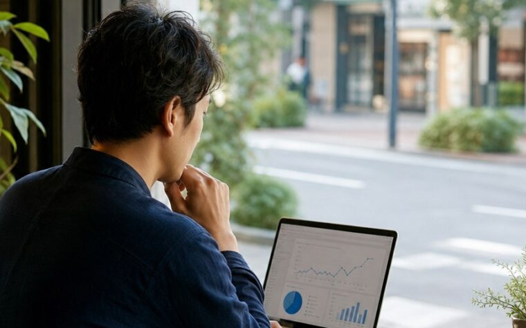 ホームページ 上位表示 方法 個人事業主を解説するため、ノートパソコンでSEO対策と検索順位を確認する個人事業主