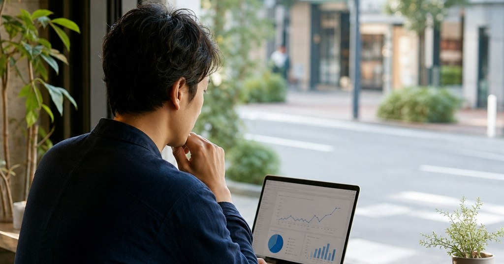 ホームページ 上位表示 方法 個人事業主を解説するため、ノートパソコンでSEO対策と検索順位を確認する個人事業主