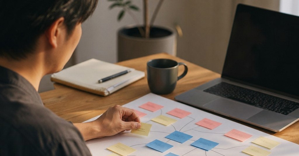 キーワードマップ作成で検索意図を整理し、関連キーワードを分類して設計するイメージ