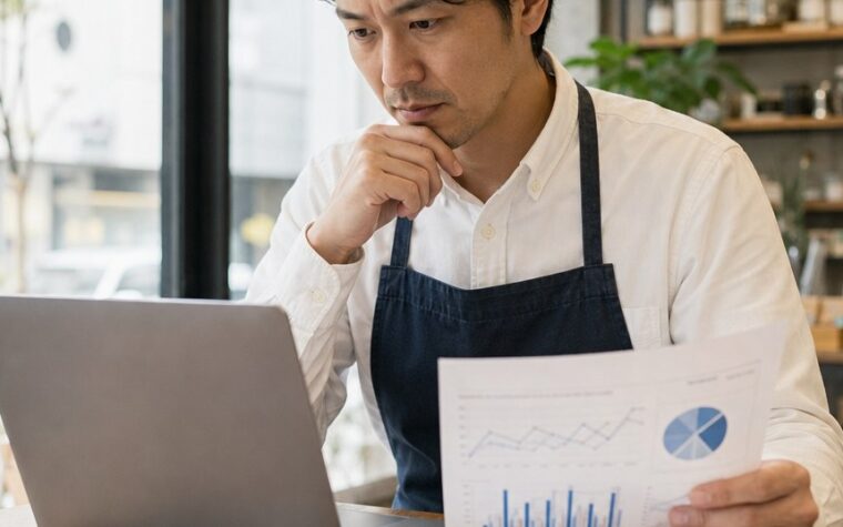 個人事業主がSEO業者に依頼しても成果が出ないときに、アクセス数や検索順位などの数字と施策期間を確認するイメージ